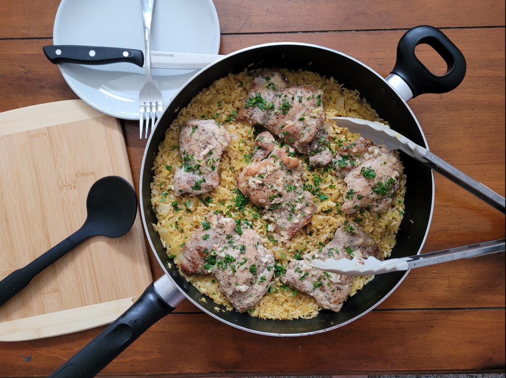 One-Pot Garlic Chicken Thighs and Saffron&nbsp;Rice