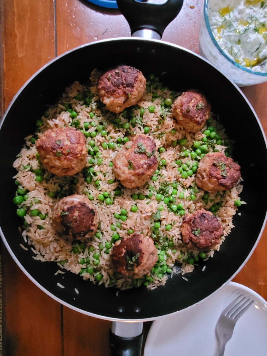 Turkey Meatballs with Lemony Rice and&nbsp;Peas