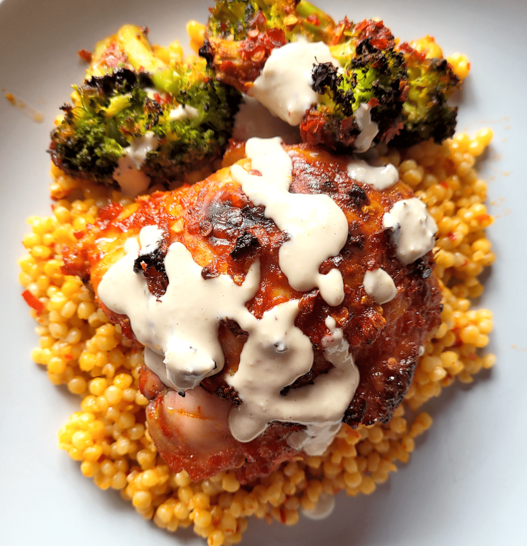 Honey Harissa Sheet Pan Chicken with Broccoli, Couscous, & Lemon Tahini&nbsp;Sauce