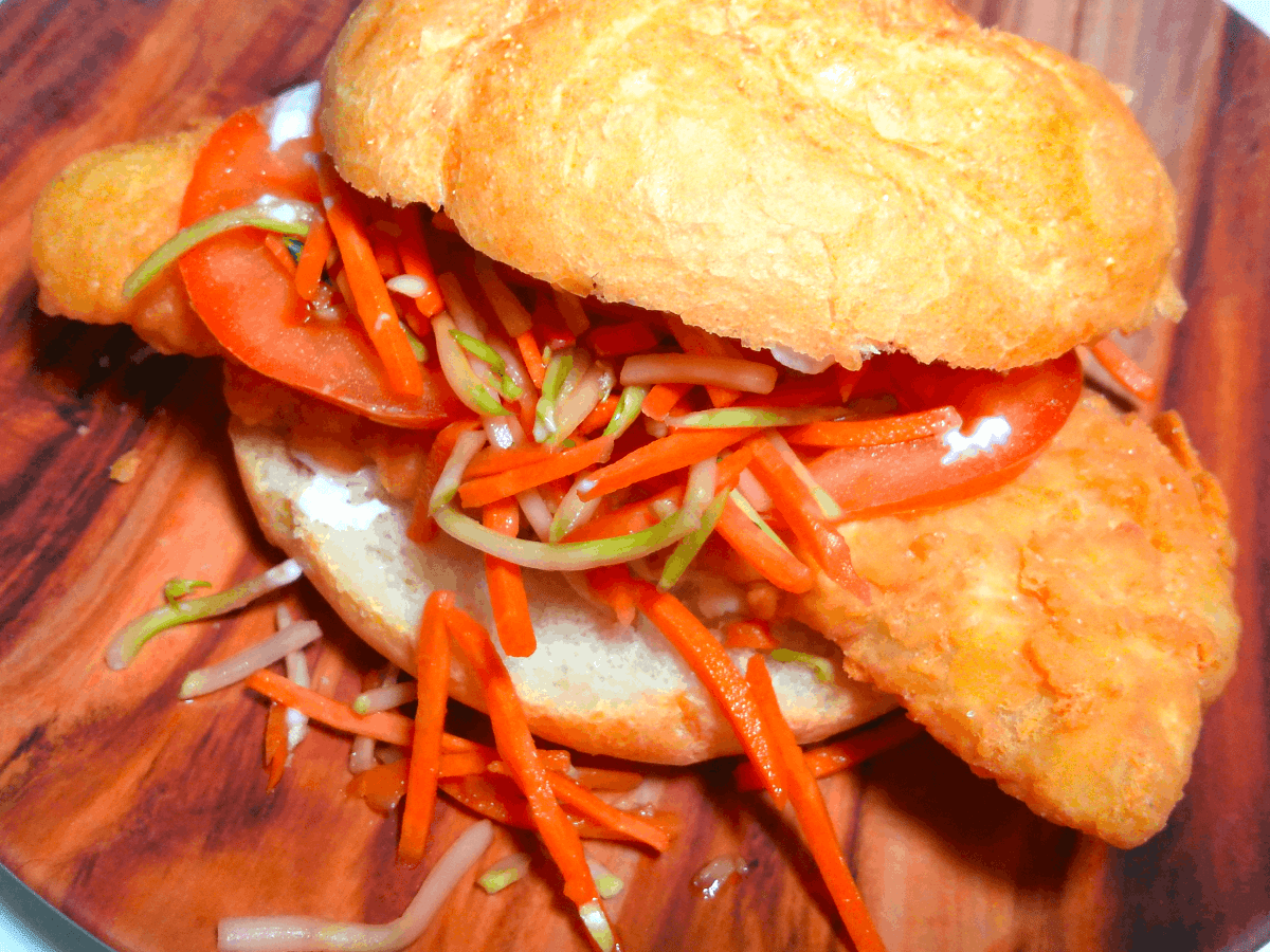 Fried Cod Sandwich with Pickled Broccoli & Carrot&nbsp;Slaw