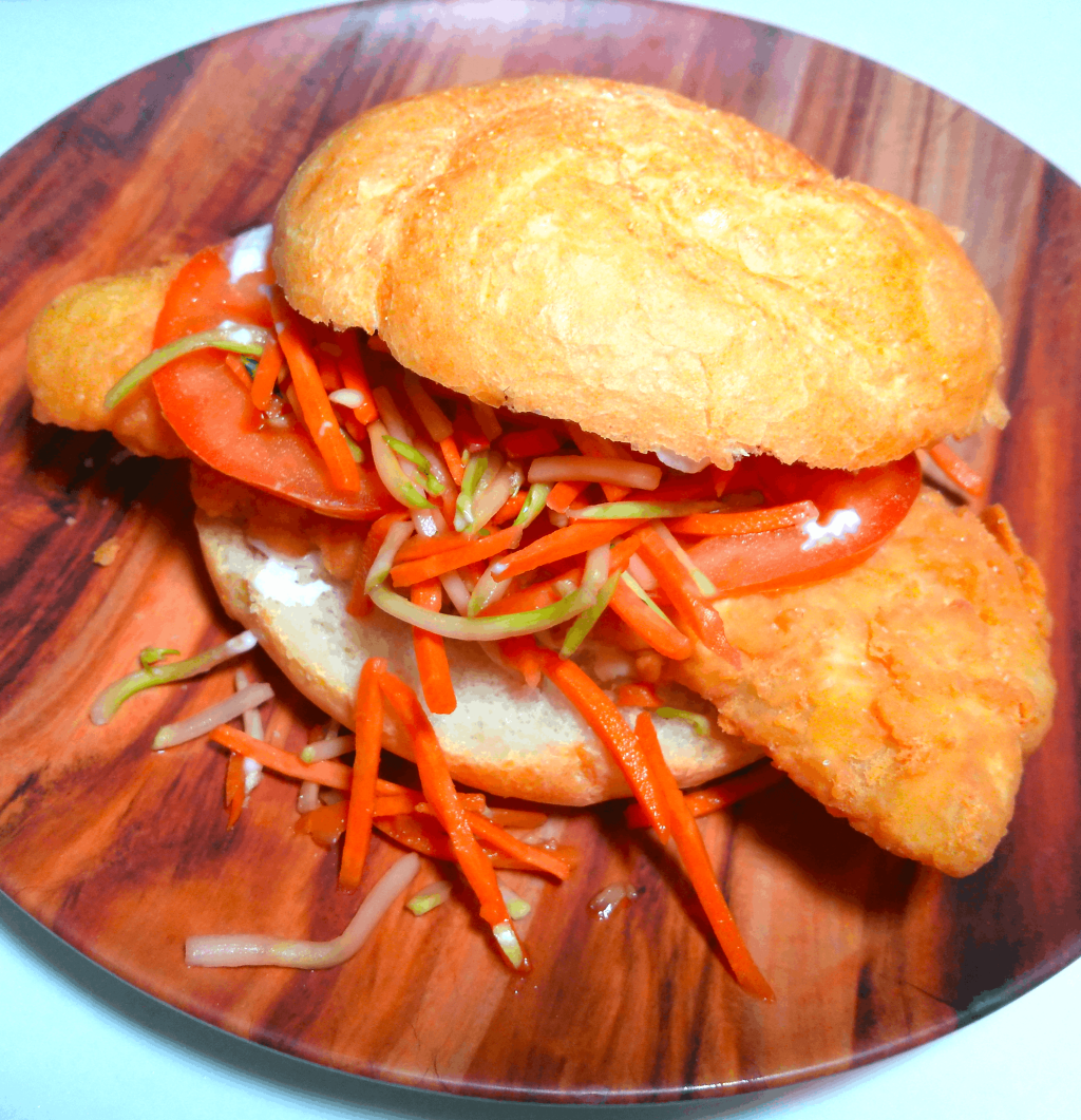 Fried Cod Sandwich with Pickled Broccoli & Carrot&nbsp;Slaw